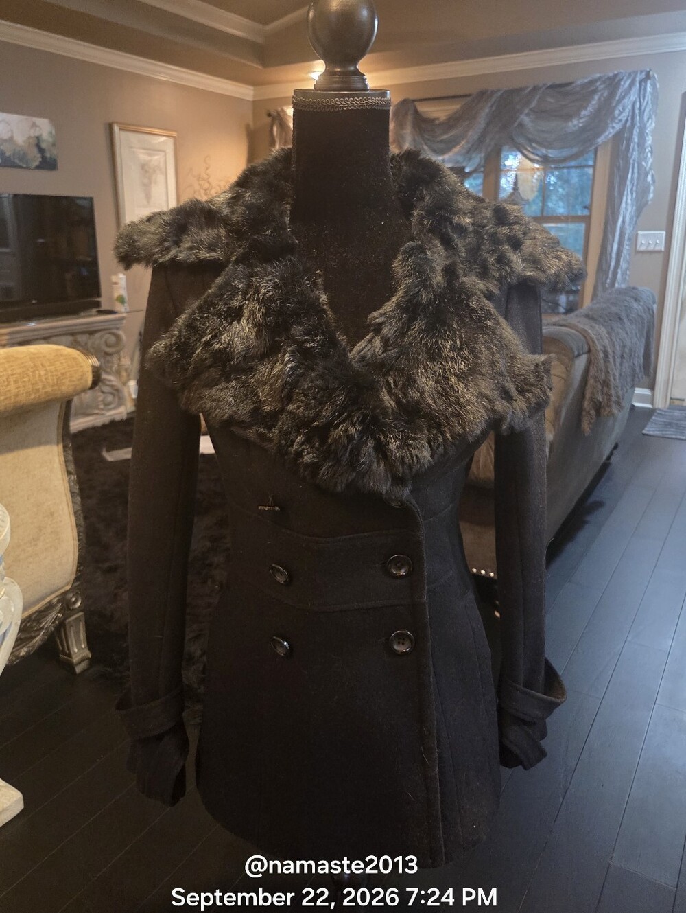 Bebe Wool-Blend Peacoat Rabbit Fur Collar Designer Winter Mob Wife